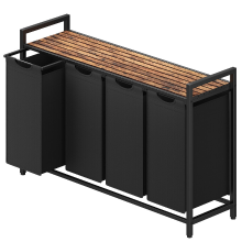 JOYFURNOS Uittrekbare wasmand met uitneembare tas, 160 L – Metalen frame wasverdeler met plank, Inktzwart en rustiek bruin, 115,6 x 33 x 72,5 cm