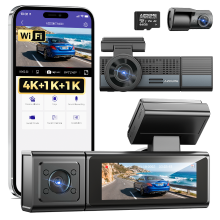 AZDOME M500 3CH 3 Kanal Dashcam mit Dreifachobjektiv, WLAN, 4K+1K+1K, integrierter 64 GB Speicherkarte, Nachtsicht und GPS Tracker