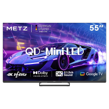 METZ 55 Inch (140 cm) QD Mini LED Google TV, 55MNE8000Z, 144Hz, 4K HDR 10+, 2.1.2 Kanaals Geluidssysteem, Dolby Vision Atmos, Game Mode, Sports Mode met ALLM, VRR, MEMC, Oogzorg, Laag Blauw Licht & Flikkervrij, Google Cast, Spraakbesturing