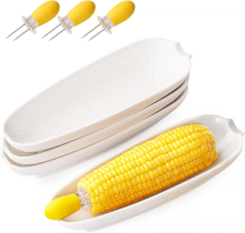 Dafuceramic porseleinen maïskolfhouders 8,8 inch, set van 4 witte maïsschalen met roestvrijstalen maïskolfhouders, 4 stuks, magnetron , vaatwasser  en ovenbestendig