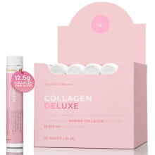 Swedish Collagen Collagen Deluxe Shots, verpakking van 30, 30 drinkampullen van 25 ml, 12.500 Mg gehydrolyseerd marien collageen met hyaluronzuur, vitamine C, biotine en vitamine D voor huid, haar en nagels