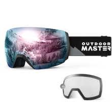 OutdoorMaster ULTRA ski  en snowgoggles + lenzenbundel voor dames en heren   grijs montuur, grijze lens met Revo roze + heldere lens