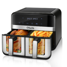 OYAJIA heteluchtfriteuse met compartimenten, onafhankelijke temperatuurregeling voor twee manden, digitaal touchscreen, voor kip, biefstuk en groenten, keukenapparaat voor het gezin