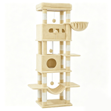 Halupeit versterkte krabpaal | 8 natuurlijke sisalpalen, dubbele kattenhuisjes & hangende hangmat, geschikt voor alle kattenrassen & huishoudens met meerdere katten, beige