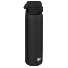 ION8 lichtgewicht stalen waterfles, 600 ml/20 oz, niet geïsoleerd, lekvrij, eenvoudig te openen, veilige vergrendeling, vaatwasserbestendig, flip dop, past in bekerhouders, draaggreep, metalen waterfles, zwart