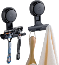 TAILI Zuignap Scheermesje Houder voor Douche 2 Stuks, Handdoek, Loofah, Scheerapparaathouder voor Douchewand, Krachtige Zuignaphaken voor Binnenin Badkamer, Eenvoudig te Installeren en Hergebruiken, Zwart