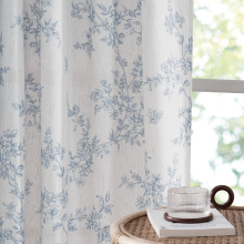 PONY DANCE Bloemgordijnen voor de woonkamer, halfdoorzichtige linnen gordijnen met botanische wijnrankprint, met lussen en roedezak, natuur geïnspireerde woondecoratie, 2 panelen, B132 x L220 cm, blauw