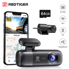 REDTIGER dashcam, 4K voorcamera en 1080P achtercamera, met wifi & GPS, app bediening, nachtzicht, gratis 32GB kaart