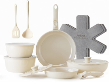 Redchef 16 delige keramische kookgereiset met afneembare handgrepen, witte buitenkant & koffiekleurige binnenkant, inclusief 18 cm/20 cm steelpannen & 20 cm/26 cm pannen & kookmat, PTFE/PFAS/PFOA vrij, vaatwasmachinebestendig