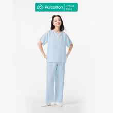 Purcotton Dames Airysoft Hydrofiele Katoenen Loungewear Set   Lange Broek Stijl, Huidvriendelijk, Rustgevende & Casual Stijl   Puur Blauw   Top: 160/84 A; Onderbroek: 160/68 A