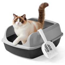 JOYFURNOS Kattenbak met hoge randen, XXL open kattenbak met schep, voor kittens en grote katten, grijs