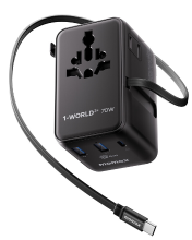 MOMAX 1 World²+ 70 W GaN Universele Reisadapter met Dubbele AC stopcontacten & Ingebouwde Oplaadkabel