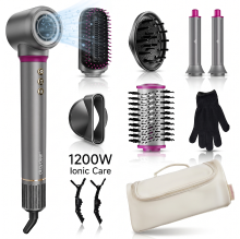 MONSGA Okaydeer D1 Air Styler met Coanda effect, 7 in 1 hogesnelheidsföhn & automatische krultang, ionische heteluchtborstel voor snel drogen en stylen, geen extreme hitteschade, geschikt voor alle haartypes, met reisetui, metallic grijs & rozerood