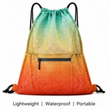 WhereHike Meshes trekkoordtas met ritsvak rugzakken outdoor sport fitness tassen gymapparatuur opbergtas duurzame mesh sportorganizer, gradiënt oranje