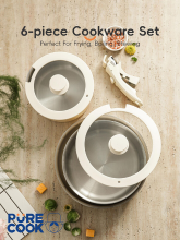 PURE COOK PURECOOK 304 Drievoudig RVS Anti Aanbakken 6 Delig Kookgerei Set Serie | Buitenkant: Off Wit Keramische Coating, Binnenkant: 304 RVS, Afneembaar Handvat + Siliconglas Deksel (18 cm Melkkoker, 22 cm Soepketel, 26 cm Koekenpan)