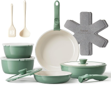 Redchef 16 delige keramische kookgereiset met afneembare handgrepen, Buiten groen & binnen wit, Inclusief 18 cm/20 cm steelpannen & 20 cm/26 cm pannen & afneembare handgreep & kookmat, PTFE/PFAS/PFOA vrij, Vaatwasmachinebestendig