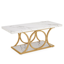 LANTINE Rechthoekige Salontafel 120 cm, Moderne Salontafel voor Woonkamer, 2 lagen Kunstmarmeren Houten Salontafel met Geometrische Poten, Meubel met Opbergplank (Wit & Goud)