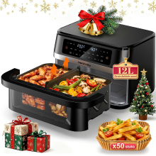 HoninJoy 12 qt grote heteluchtfriteuse met dubbele mand en flexmand, kijkvenster en 50 stuks papieren inlegvellen, 12 in 1 gezinsformaat met synchronisatie, dubbel en verlichting, dubbele zone voor bakken, braden, opnieuw opwarmen, vaatwasmachinebestendig