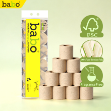 BABO 6D reliëf toiletrol bamboepulp EU norm, 4 lagen 104×110 mm 240 vel/rol, 12 rollen/bundel, zonder toevoegingen, zijdubbel zacht reliëf 6D, milieucertificaat, toiletpapier voor thuisbadkamer