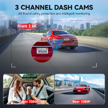 REDTIGER A3 dashcam, 3 kanals, 2.5K voor + 1080P voor, achter en binnen, gratis 32GB kaart, WiFi autobewakingscamera, WDR nachtzicht