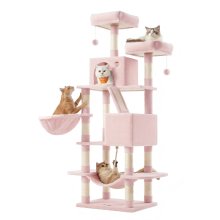 JOYFURNOS Grote krabpaal, 168 cm hoog, maat L, met 13 krabpalen, 2 platforms, 2 huisjes, mand, hangmat, pluche ballen, krabpaal met meerdere niveaus, pastelroze