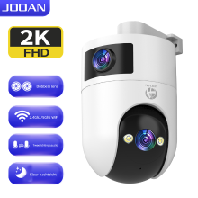 JOOAN beveiligingscamera met dubbele lens, 2K, 5 G, 2,4 GHz dual band wifi, 360° zicht, IP66 waterdicht, kleurrijke nachtzicht, 24/7 opnames, automatisch volgen, huisbewaking voor huisdieren, ouders en kinderen, opslag via cloud of kaart