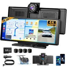 ESSGOO 10,26 Inch Draadloos Draagbaar CarPlay Display 4K Dashcam 1080P Achteruitrijcamera Draadloos Apple CarPlay Android Auto IPS Touchscreen, Bluetooth 5.3, Mirror Link, GPS, FM, AUX, Spraakbediening, 64GB TF kaart, Eenvoudige Snelle Installatie