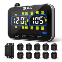 GUTA bandenspanningscontrolesysteem voor campers/aanhangwagens met 10 sensoren, 0 188PSI real time monitoring, 6 alarmen, LCD kleurenscherm, repeater, langeafstandscommunicatie, ondersteunt maximaal 24 banden, GT20C+10GS02+GB30