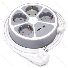 Aigostar stekkerdoos met snoer/duits 4 voudig/3G1.0Mm2/1,5 m/USB(1A1C)/met schakelaar/schijfvormig/wit en grijs/PP