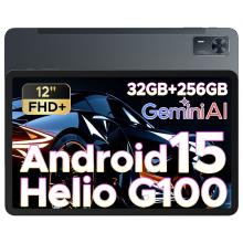 DOOGEE Tab E3+ Android 15 tablet, 12 inch FHD+, met simkaartsleuvel, Helio G100 octa core AI, 90 Hz gaming, 32 GB+256 GB/2 TB, 8800 mAh, 7,5 mm ultradun, vierkanaals speakers, Face ID, grijs