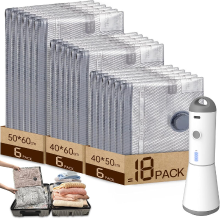 HOMOH vacuümzakken voor kleding met draadloze vacuümcompressor, set van 18 (6x 40 x 50 cm, 6x 40 x 60 cm, 6x 50 x 60 cm), herbruikbare vacuümzakken voor reizen, dekbedden, verhuizing, beddengoed