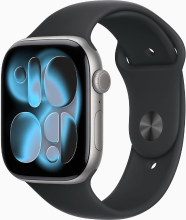 Apple Watch Series 11 GPS 46 mm spacegrijs aluminium behuizing met zwarte sportband   S/M