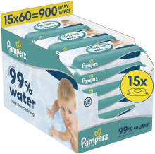Pampers 99% Water Babydoekjes 15 Verpakkingen Van 60 Doekjes = 900 Babydoekjes
