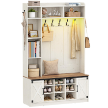 HaluPeit kapstok met bank, kapstok met LED verlichting, kledingrek, verstelbare planken, 15 open vakken, 7 haken, voor gangen, 40,3 x 120 x 191 cm, wit en bruin