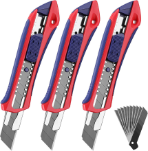 WORKPRO set van 3 snijmessen van 18 mm met 10 SK5 vervangbladen, professioneel mes met rubberen handvat en afbreekbaar lemmet, kartonmes, universeel mes, voor papier snijden