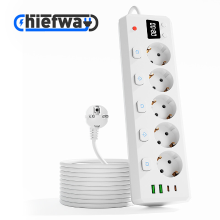 Chiefway 10 in 1 Multi Outlet Stekkerdoos met 5 AC stopcontacten, 2 USB A poorten en 2 Type C poorten, met Individuele Schakelaars, Digitaal Horloge, 2500 W MAX Wit/3 m Snoer