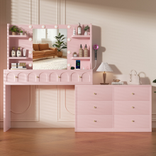 GTIMEX Make up kaptafel met ledverlichting en grote HD spiegel (zijpaneel verstelbaar 90° voor flexibele ruimteaanpassing), 8 lades, 8 open vakken, föhnhouder, stopcontact en USB poort, 10 ledlampen (3 lichtkleuren), afmetingen: 162 × 40 × 135 cm, geruisl
