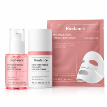 Biodance perfectionerende glazen huid 3 stappen collageenverzorgingsset – peptidenserum 30 ml + peptidencrème 50 ml + bio collageen echt diep masker 4 stuks