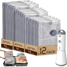 HOMOH vacuümzakken voor kleding met draadloze vacuümpomp, 12 stuks, 4 stuks 40 × 50 cm, 4 stuks 40 × 60 cm, 4 stuks 50 × 60 cm, herbruikbaar, geschikt voor reizen en dagelijks opbergen
