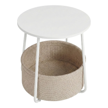 JOYFURNOS Ronde moderne bijzettafel met stoffen mand – 45 x 45 x 51 cm，Mat Wit & Kameelbruin, compacte eindtafel voor woonkamer of slaapkamer – stijlvol & opbergvriendelijk