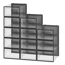 JOYFURNOS Set van 12 stapelbare sneakers opbergdozen, transparante plastic schoenenorganizers voor kledingkast, zwart en transparant