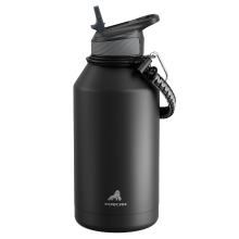 POWCAN 64 oz sportfles met rietje, draaglus en deksel met enkele opening – Zwart