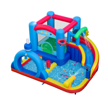Costway Inflatiele bouncy castle met waterslide, springzone, waterpoel, waterkanon, zandzakken en ringwerpspel (zonder blazer)