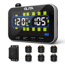 GUTA Camper/Aanhangwagen Bandenspanningscontrolesysteem met 6 Sensoren, 0 188PSI Realtime Monitoring, 6 Alarmen, LCD kleurenscherm, Repeater, Communicatie over Lange Afstand, Ondersteunt Maximaal 24 Banden, GT20C+6GS02+GB30