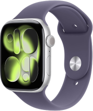 Apple Watch Series 11 GPS 46 mm zilveren aluminium kast met paarse mist sportband   S/M