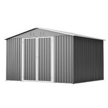 GIHAUVIA 8×10 ft grote metalen gereedschapsschuur 300×250×191 cm, tuinhuisje met zadeldak met basisframe, ventilatie & afsluitbare deur, weerbestendig voor buiten, grijs a box