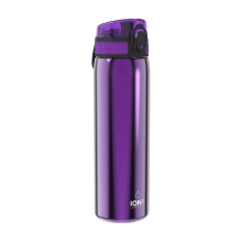 ION8 lichtgewicht stalen waterfles, 600 ml/20 oz, niet geïsoleerd, lekvrij, eenvoudig te openen, veilige vergrendeling, vaatwasserbestendig, flip dop, past in bekerhouders, draaggreep, metalen waterfles, metallic paars