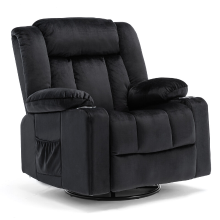 COMHOMA handbediende draaibare relaxstoel voor volwassenen met verstelbare rugleuning en voetensteun, 361° loungestoel voor de woonkamer, bekerhouder, opbergvakken, zachte stof, ergonomisch, zwart