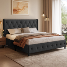 GTIMEX Gestoffeerd bed 209x146x98 cm met lattenbodem, Statische draagcapaciteit: 390 kg, Tweepersoonsbed met gestoffeerd hoofdbord, Massief houten lattenbodem, Eenvoudige montage, Modern design, Robuust frame en hoogwaardige fluwelen stof, Lichtgrijs