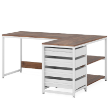 LANTINE bureau met 4 lades, L vormig computerbureau met 2 planken, omkeerbaar hoekbureau voor kantoor, studeerkamer, woonkamer, 150 x 110 x 75 cm (walnoot en wit)